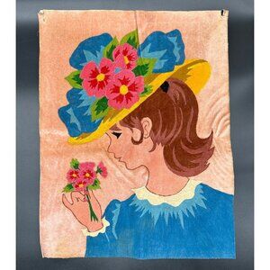 Vintage Velvet Painting Pink Victorian Lady Flowers Hat Kitschy Wall Art Blue